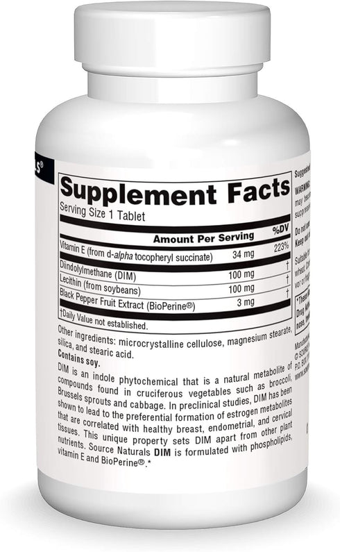 Source Naturals DIM, Diindolylmethane 100mg with BioPerine, Vitamin E & More - 60 Tablets...