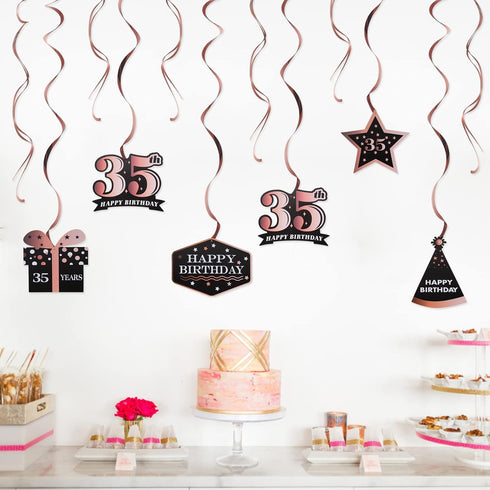 LINGTEER Happy 35th Birthday Decorations - 12 Pcs Birthday Black & Rose Gold Foil Swirls Streamer Set,Cheers to 35 Years Old Bday Party Gift Decor...