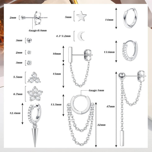 Sanfenly 14 Pairs Studs Earrings and Hoops Set Silver Gold Plated Dangle Chain Earrings Mini Ball CZ Moon Star Flower Studs Huggie Hoop Earring fo...