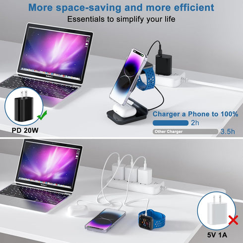 3 in 1 Wireless Charger Stand Aluminum Alloy Mag - Safe Wireless Charging Station Compatible with iPhone 15/14/13/12 Series iWatch AirPods Multipl...