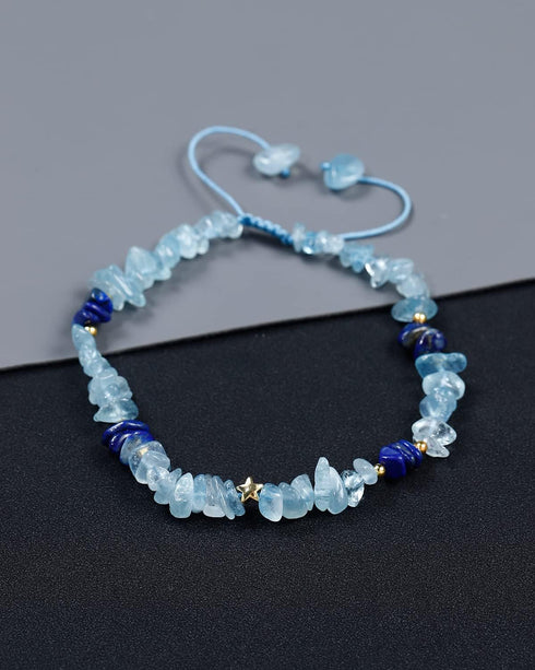 Jewever Aquamarine/Lapis Lazuli Chips Tumbled Stones Anklets Healing Crystals Anklet Bracelets for Women Energy Gemstones March Birthstone Gifts J...