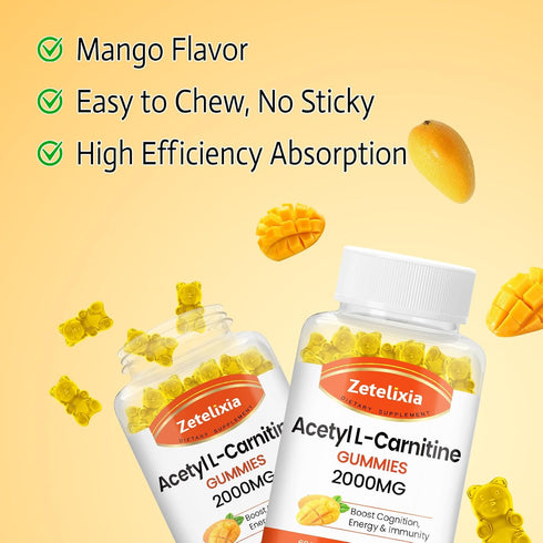 Acetyl L-Carnitine Gummies 2000mg, L-Carnitine Supplement for Promote Fatty Acids Oxidation, Nutrition Supplement for Boost Energy, Immunity & Met...
