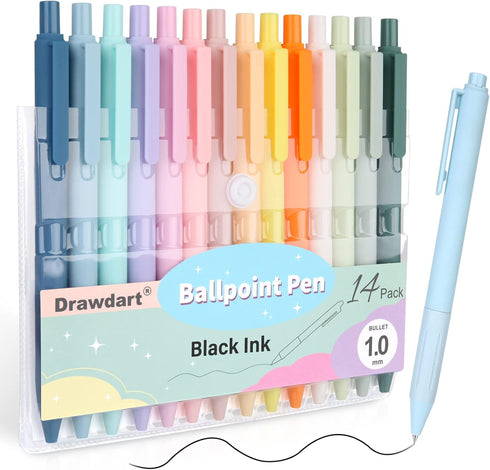 14-Pack Pastel Ballpoint Pens, Medium 1.0mm Black Ink, Retractable - For Smooth Writing and Journaling...