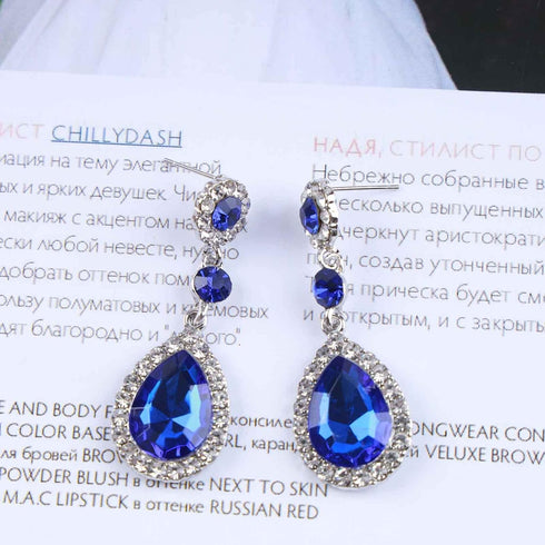 Vintage Sapphire Crystal Drop Earrings Waterdrop Sapphire Earrings Silver Teardrop Blue Rhinestone Earrings Blue Cz Bridal Earrings Jewelry for Wo...