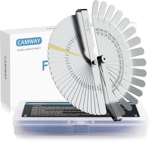CAMWAY 2Pcs Feeler Gauge Set Stainless Steel Metric/Inch 32 Straight Blade Steel Feeler Gauge,16pcs Feeler Gauge and 45º Blades Offset for Measuri...