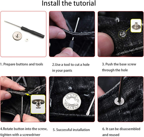 12 Sets Silver Jeans Buttons Replacement 17mm No Sewing Metal Button Repair Kit Nailess Removable Jean Buttons Replacement Combo Thread Rivets and...