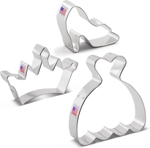 Princess Cookie Cutters 3-Pc Set Made in USA by Ann Clark, Crown, Glass Slipper, Dress...