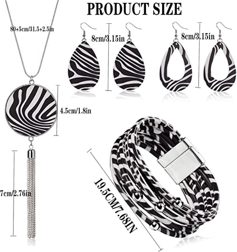 4 Pieces Faux Leather Earrings Necklace Bracelet Set 4 Pieces Christmas Plaid Stripe Jewelry Set Multi-Layer Leather Bracelet, Dangle Leather Earr...