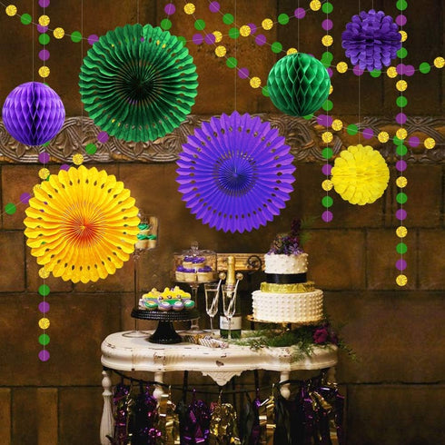 Decor365 Gold Purple Green Mardi Gras Party Decorations Glitter Circle Garlands Banner Hanging Paper Fan Tissue Pompoms Fat Tuesday Mardi Gras Bir...