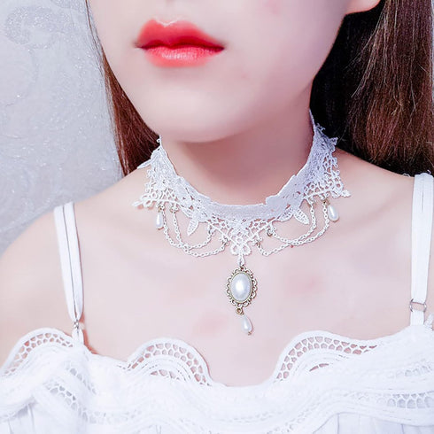 Vintage Lace Choker Necklace White Gothic Lace Pattern Necklace Punk Tassel Pearl Beaded Pendant Choker Princess Bridal Lace Lolita Tassel Lace Ne...