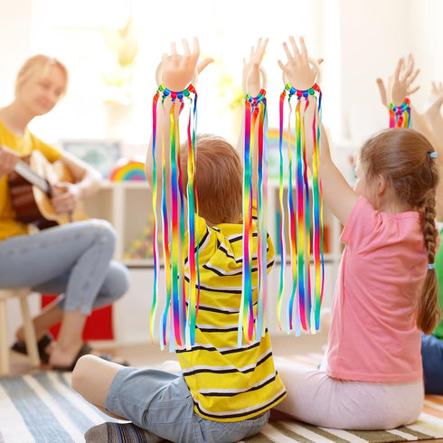 12 Pcs Rainbow Ribbon Wooden Waldorf Toys Creative Waldorf Hand Kite Set Streamers with Wood Ring Sensory Learning Educational Toy for Playroom Da...
