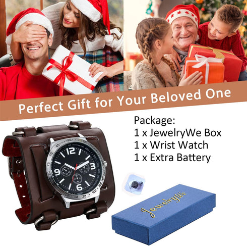 JewelryWe Black Brown Hip-hop Gothic Punk Style Men Watch Wide Leather Fashion Cuff Wristwatch for Halloween...