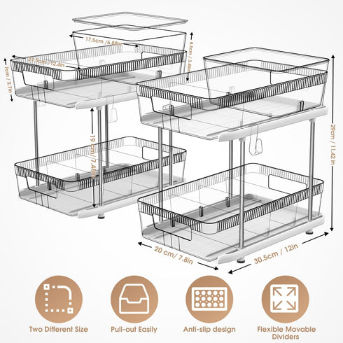 2 Tier Under Sink Organizers and Storage Bathroom Organizer w Dividers and Lids, Snack Organizer for Pantry Pull Out Cabinet Organization for Kitc...