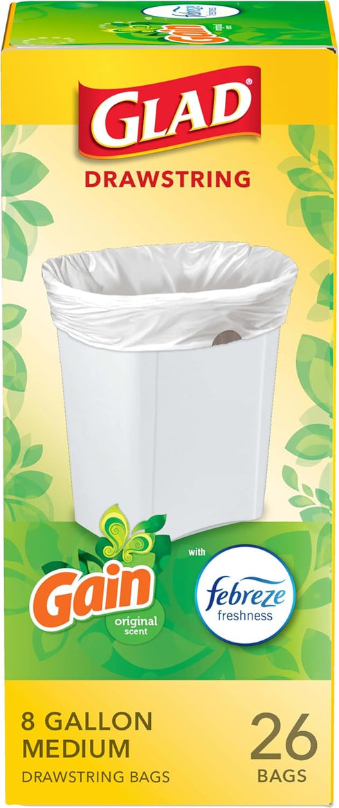 Glad Trash Bags, Medium Drawstring Garbage Bags, 8 Gal, Gain Original Scent with Febreze, 26 Ct (pack of 1), Pack May Vary...