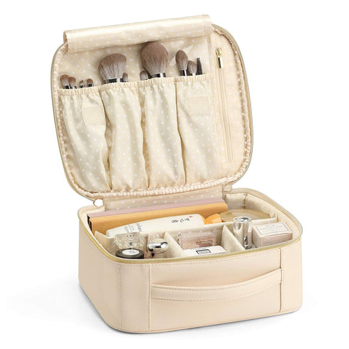 Vlando Travel Makeup Bag, Large Capacity Cosmetic Bag for Women PU Leather Makeup Case Organizer Portable Make up Bag with Dividers and Handle for...