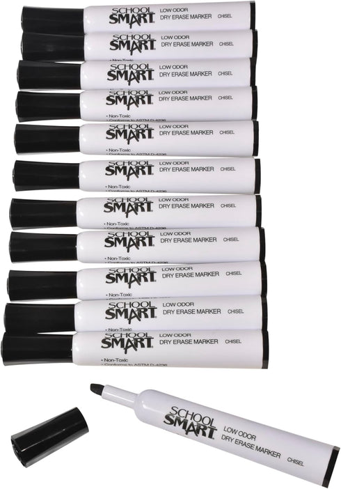 School Smart Dry Erase Marker, Low Odor, Chisel Tip, Black, 40 lb - 24 Inches x 1000 Feet, Pack of 12, White...