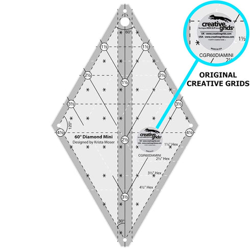 Creative Grids 60 Degree Mini Diamond Ruler – CGR60DIAMINI – Made in USA, Non-Slip Grip Acrylic Quilting, Sewing, Crafting, Patchwork Ruler & Temp...