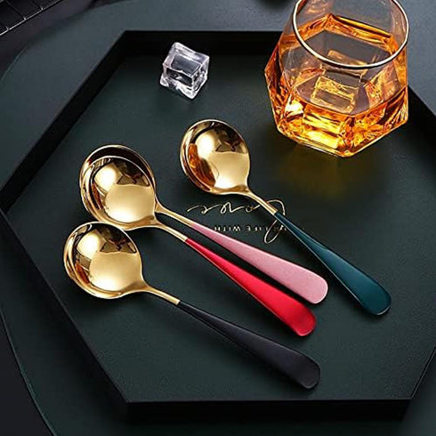 Soup Spoons Stainless Steel 304 Stainless Steel Round Head Spoons Modern Thick Short handle 304 Stainless Spoons Used for Soup, Grain, Dessert, Fr...