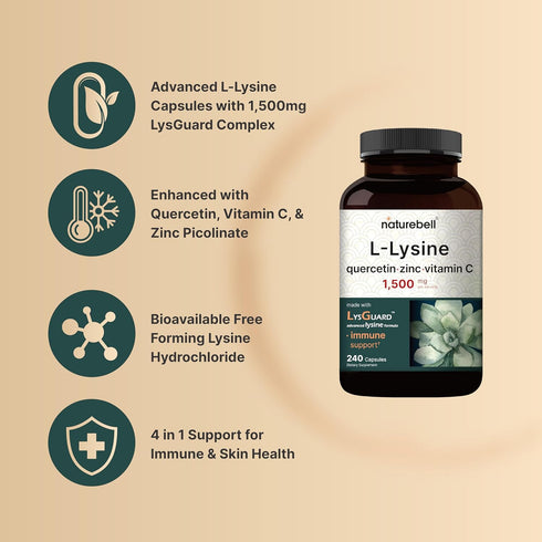 NatureBell L-Lysine 1,000mg Capsules + Quercetin 250mg with Vitamin C and Zinc, 240 Count | Free Form Amino Acids, L Lysine Complex | Immune Suppo...