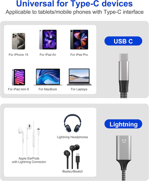 USB-C Male to Lightning Female Audio Adapter for iPhone 15, 2-in-1 USB C to Lightning Headphones Adapter and PD-60W Charger for iPad Pro, MacBook ...