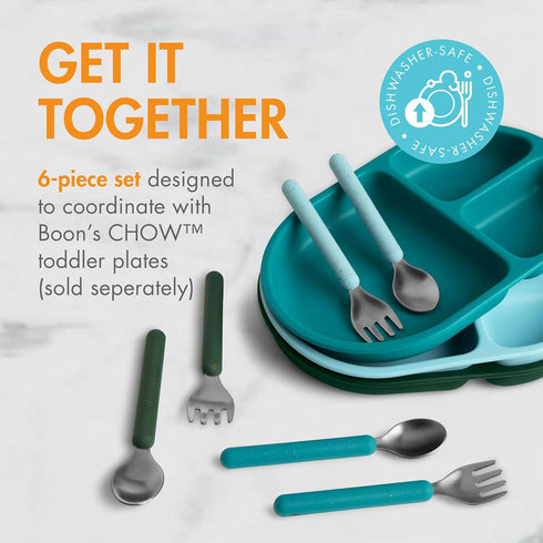 Boon Chow Silicone Plate Set - 3 Unbreakable Divided Toddler Plates - Baby Plates for 6 Months and Up - Baby Led Weaning Supplies - Blue Multicolo...