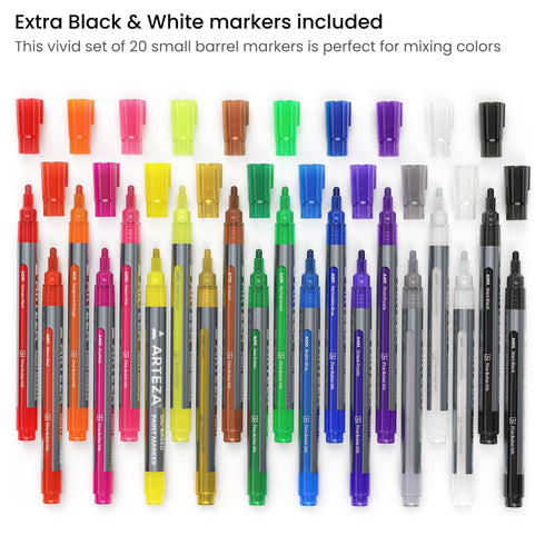 ARTEZA Oil Based Paint Markers, 20-Pack, 18 Unique Colors, 1.3 mm Line, Small Barrel, Permanent Pens, Art Supplies for Stone, Wood, Glass, Canvas...
