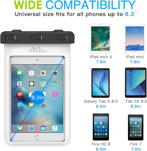 MoKo Universal Waterproof Case, Dry Bag Pouch Compatible with iPad Mini 6/5/4/3/2, Samsung Tab 5/4/3, Galaxy Note 8, Tab S2/Tab E/Tab A 8.0, LG G ...