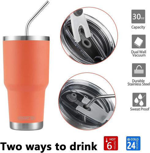 D·S 30oz Orange Tumbler Stainless Steel Insulated Travel Mug with Straw Lid Cleaning Brush (30oz Orange)...