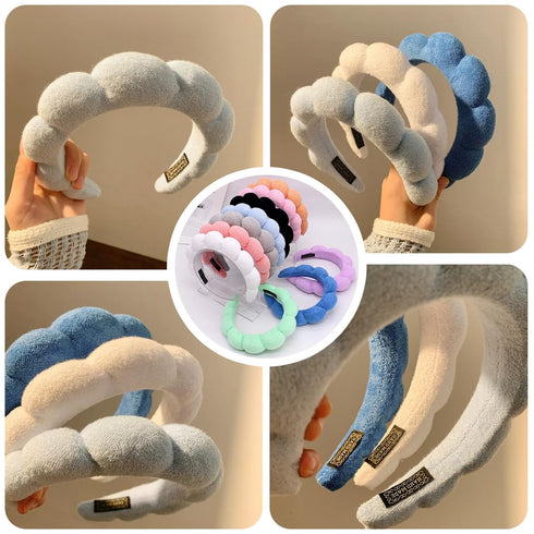 Spa Headband for Washing Face Wristband Set Sponge Makeup Skincare, Terry Cloth Bubble Soft Get Ready Hairband for Women Girl Puffy Padded Headwea...