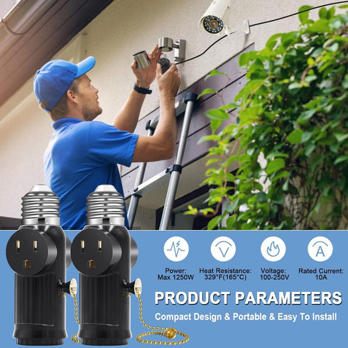2 PCS Light Socket to Plug Adapter, Both Sides Sockets Support 3 Prong Light Socket Outlet Adapter, Light Bulb Outlet Socket Adapter with Switch C...