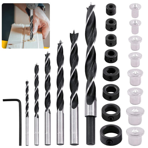 23 Pcs Wood Drill Bit Set with Dowel Pins Center Point and Stopper, Woodworking Brad Point Bit Set Plugs Drill Hole Tool Perfect for Woodworking C...