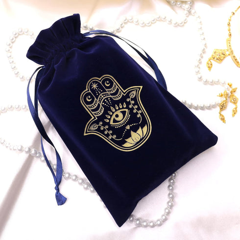 ARTSY CRAFTS 6x9" Hamsa Hand Velvet Jewelry Pouch Gift Bags, Fatima Hand Evil Eye Velvet Drawstring Oracle Tarot Card Rune bags Dice Bag (Royal Bl...