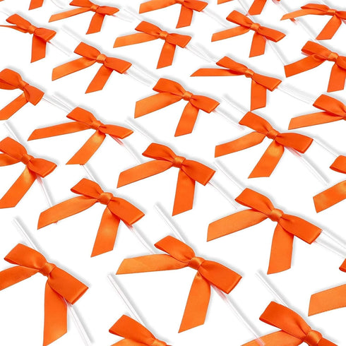 Bright Creations 100 Pack Orange Twist Tie Bows for Treat Bags - 3" Small Satin Ribbons Orange Twist Ties for Craft Decoration, Gift Wrap, Themed ...