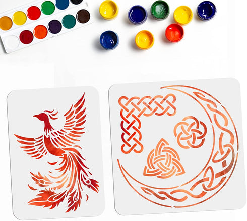 Phoenix Stencils Firebird Drawing Template Moon Trinity Knot Painting Stencils Reusable 8.3x11.7/11.8×11.8inch T-shirt or Bags Craft Wall Floor De...