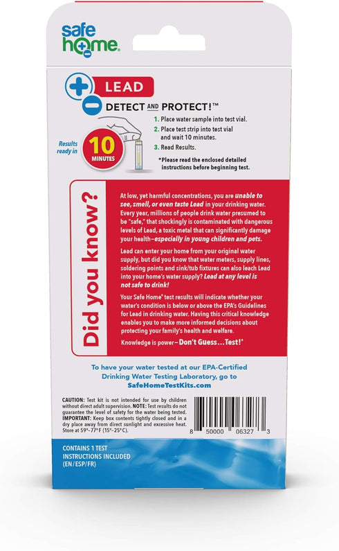 Safe Home® DIY LEAD in Drinking Water Test Kit – At Home Testing for Lead in City Water or Well Water – Detection to 5ppb – 10 Minute Test – Singl...