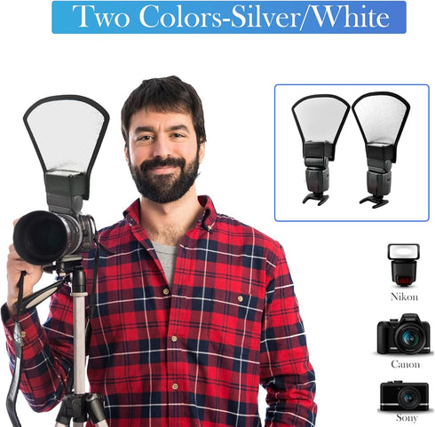 2 Pack Universal Camera Flash Diffuser Reflector Cap with Elastic Bend Bounce Difffuser, Silver/White Flash Speedlight Compatible with Canon,Nikon...
