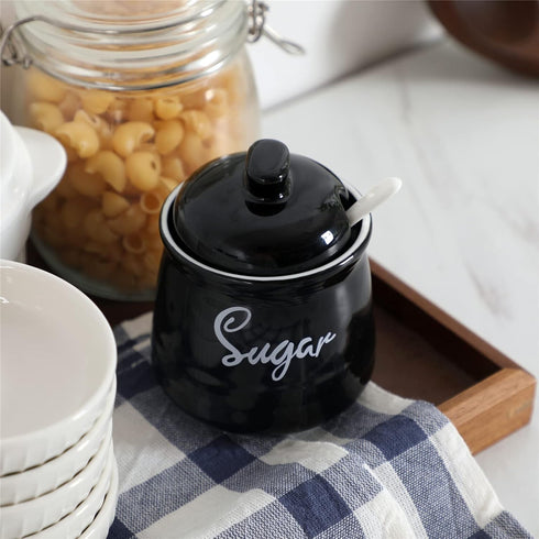 HAOTOP Farmhouse Porcelain Sugar Bowl with Lid and Spoon 12oz,Easy to Clean (Black)...
