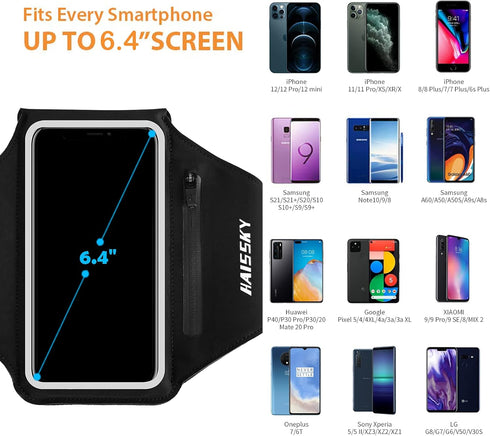 Running Armband with Earphone Bag Cell Phone Armband for iPhone 16/15/14/13/12 Pro, Galaxy S21/S20, Water Resistant Sports Phone Holder & Zipper S...