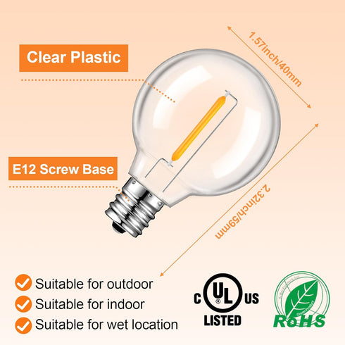 25 Pack G40 LED Replacement Light Bulbs, E12 Screw Base Waterproof Globe Bulbs Light for Indoor Outdoor String Lights, Patio Cafe Decor, Dimmable,...