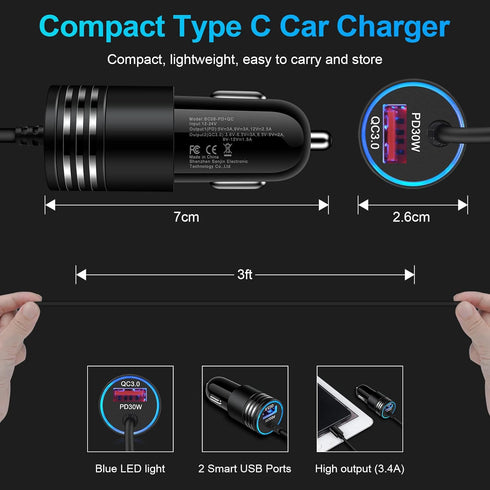 48W Super Fast Samsung Car Charger USB C Rapid Android Car Adapter with 30W Built-in Type C Fast Charging Cable for Samsung Galaxy S24 S23 Ultra S...