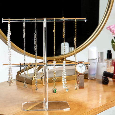 Premium Jewelry Stand , Solid Clear 2-Tier Acrylic Jewelry Organizer Stand & Bracelet holder Stand for Necklace Display, Ring & Watch Display...