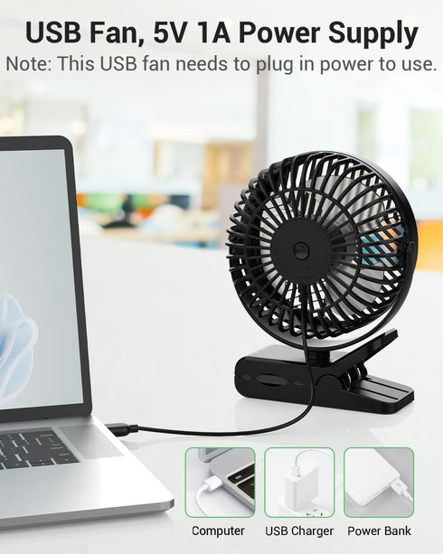 GEHEN 3-Speed Clip-On Fan with Sturdy Clamp & Strong Airflow, USB-Powered for Easy Cooling, Ultra-Quiet Operation Ideal for Bedroom, Office, & Str...