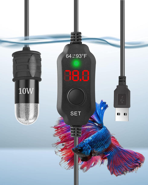 AquaMiracle Adjustable 10W Betta Heater Small Aquarium Heater Submersible Fish Tank Heater 5V/2A USB Powered Super Mini Aquarium Heater with Digit...