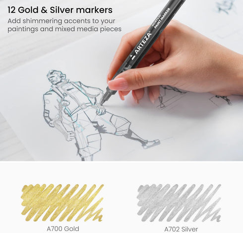 ARTEZA Acrylic Paint Markers, Set of 12 Metallic Marker Pens, 6 Gold and 6 Silver, Extra-Fine Nibs, 15mm, Blendable, for Stone, Glass, Wood, Ceram...