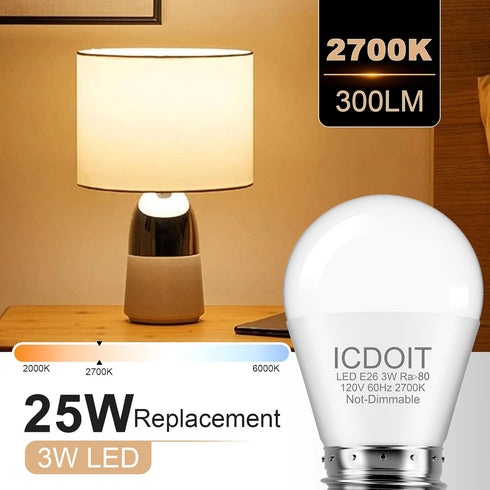25 Watt Equivalent Light Bulbs, A15 LED Bulb 3W E26 Base 2700K Warm White Low watt Light Bulbs,Nightstand Light Bulb, Table Lamp Bulb...