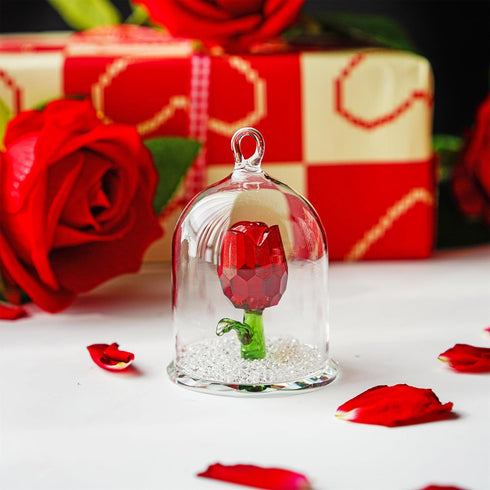 H&D HYALINE & DORA H&D Crystal Rose Flower Figurine Dreams Ornament in a Glass Dome Gifts for her (Red)...