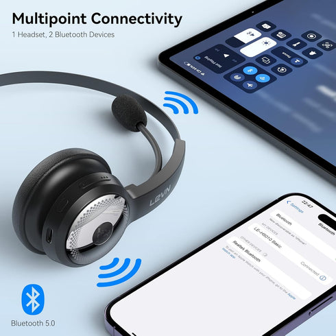LEVN Bluetooth Headset, Wireless Headset with Microphone & Mute Button, 60Hrs Talk Time, On-Ear AI Noise Cancelling Headphones with Bluetooth 5.2 ...