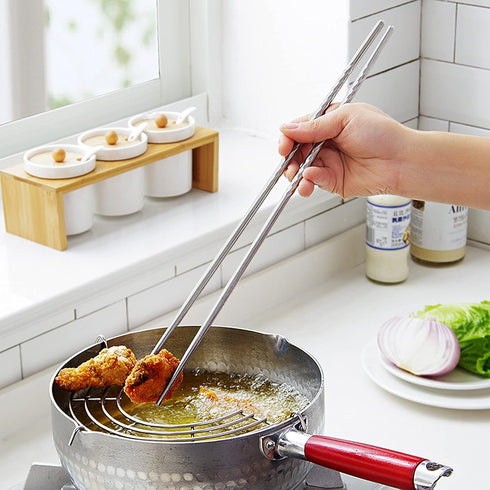 4 Pcs Long Cooking Chopsticks Reusable 15.3 Inch Non-slip Threaded Stainless Steel Chopsticks and 16.5 Inch Natural Wooden Extra Long Chopstick fo...