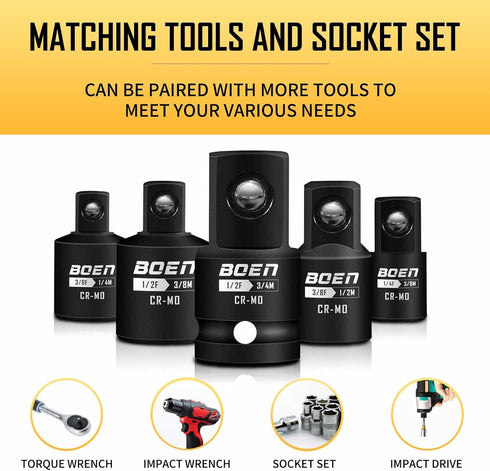 BOEN 5 Piece Impact Socket Adapter Set and Reducer Set, Standard SAE, 1/4", 3/8", 1/2" Drive Socket Adapter Set, CR-MO Steel Impact Adapter Conver...