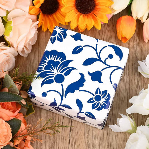 Bolsome 12 Sheets Blue Floral Wrapping Paper Blue White Flowers Patterned Gift Wrap Paper Chinoiserie Art Paper for Bridal Shower Wedding Spring T...